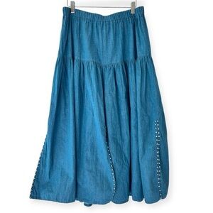 SPENCER CREATION Denim Studded Western Tiered Full Maxi Skirt Womens Size M/L